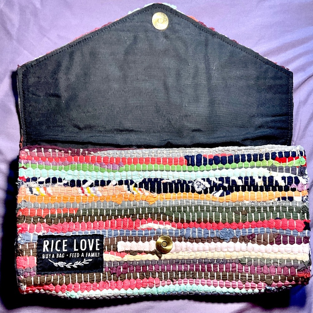 New Rice Love Clutch Bag Unique Woven Upcycled Burlap Rice Bag Multi Striped